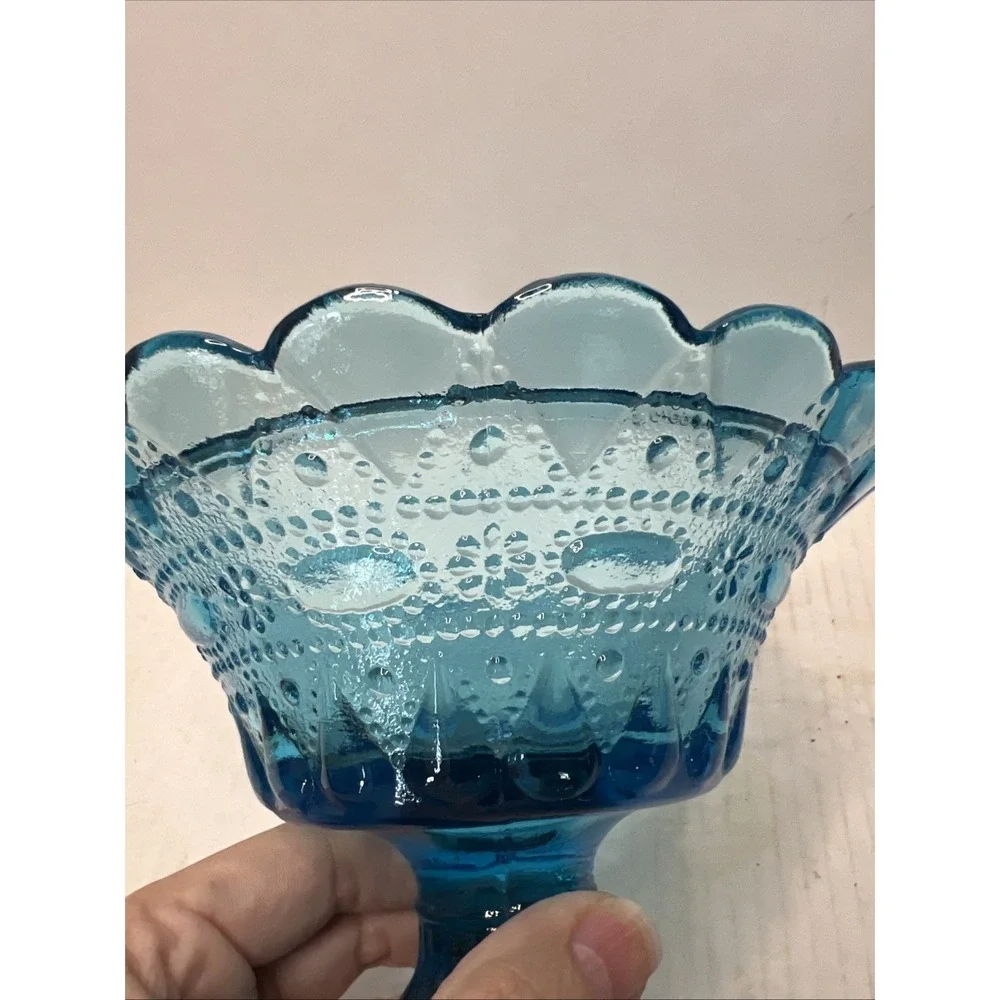 Blue Pressed Glass Vintage Pedestal Compote Bowl Decorative Scalloped Edge